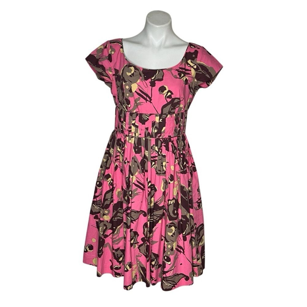 CAROLE LITTLE Pink Dress Brown Tan Floral Retro Pin Up Rockabilly Size 10